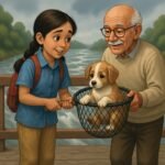 Riya & Old man holding the puppy in fish net.
