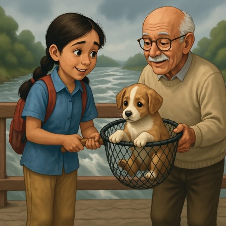 Riya & Old man holding the puppy in fish net.