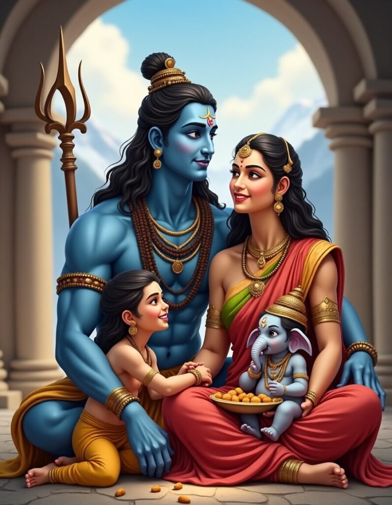 Illustration of Lord Shiva with blue skin and a trident, seated beside Goddess Parvati in a red sari, holding baby Ganesha on her lap with a plate of modaks, while Kartikeya lovingly holds Ganesha’s hand, portraying a happy divine family scene.
