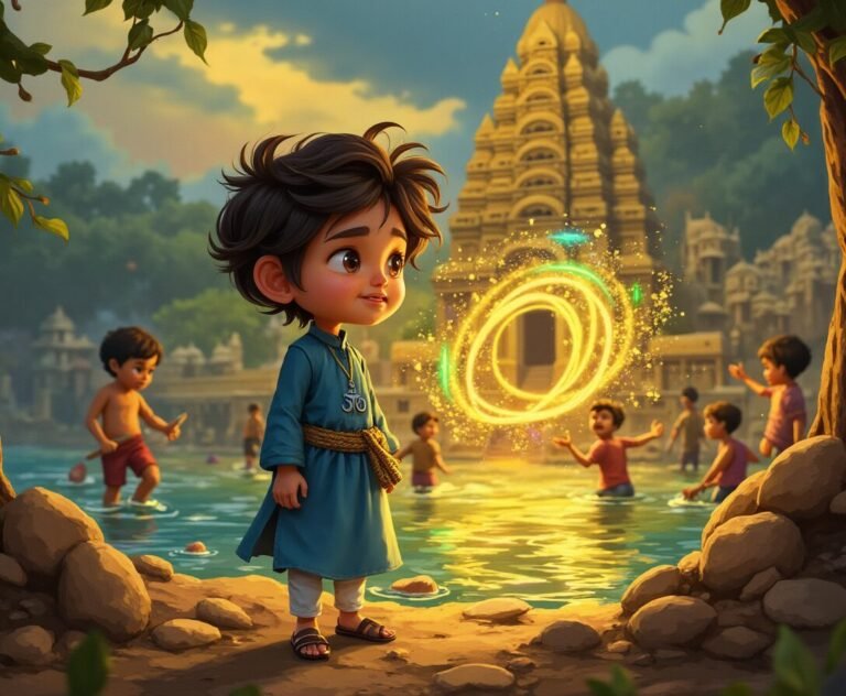 Arjun watching magical glow on the bank of river Ganges