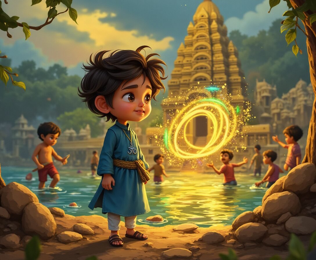 Arjun watching magical glow on the bank of river Ganges