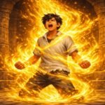 Arjun awakening the Eternal Flame, surrounded by swirling golden fire in an ancient underground chamber