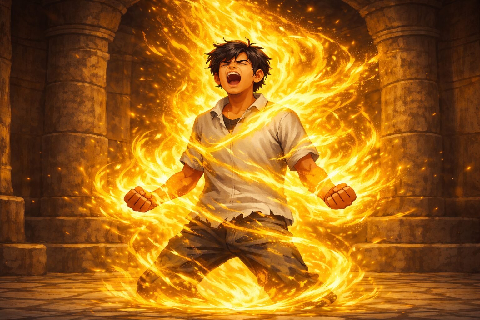 Arjun awakening the Eternal Flame, surrounded by swirling golden fire in an ancient underground chamber