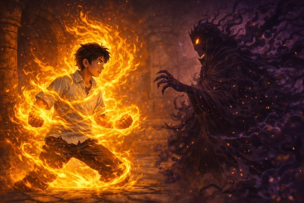 Arjun wielding the Eternal Flame as he confronts a shadowy Void creature in an ancient underground chamber