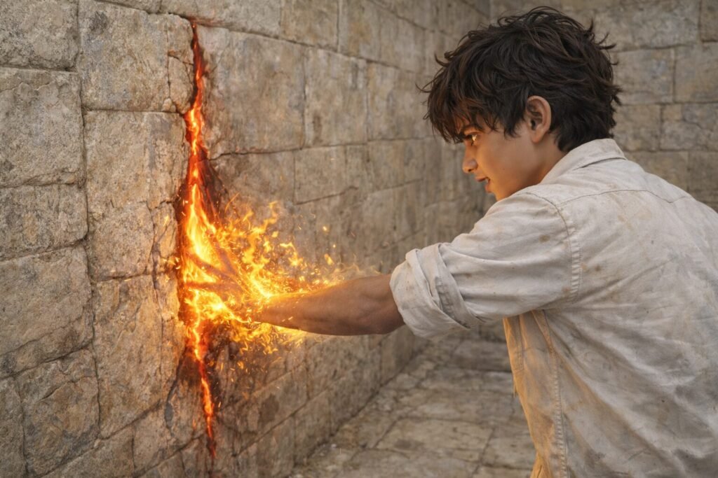 Arjun sealing a glowing magical tear with the Eternal Flame inside an ancient stone chamber in Magic Of Banaras