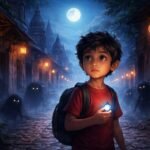 Magic Of Banaras - Arjun standing in a street full of shadows in a night, moon shining behind him