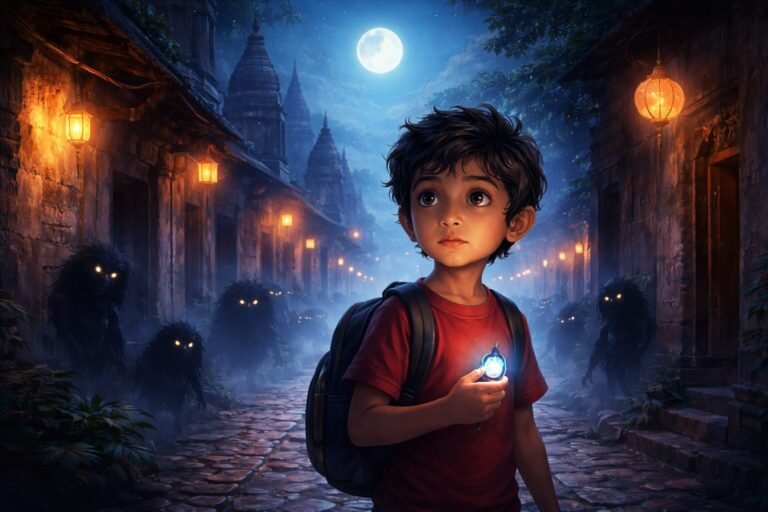 Magic Of Banaras - Arjun standing in a street full of shadows in a night, moon shining behind him