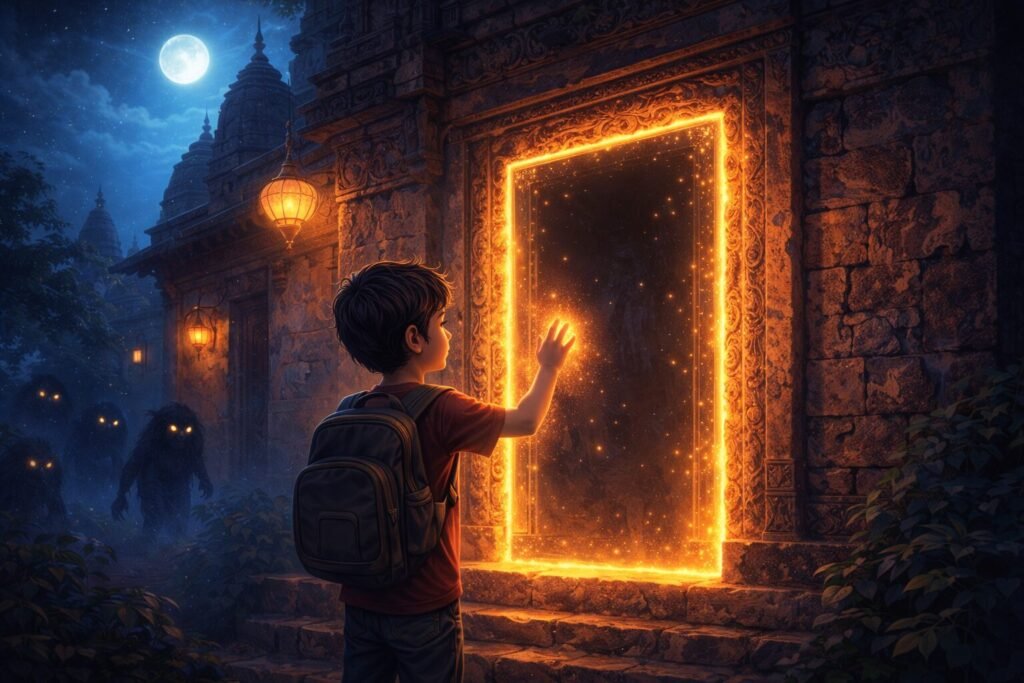 Magic of Banaras fantasy illustration showing Arjun touching a glowing secret door inside an ancient Banaras temple at night.