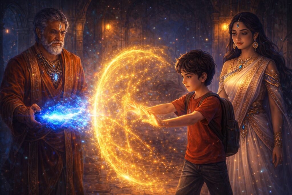 Magic of Banaras training scene where Arjun creates a golden shield to block magic under the guidance of powerful guardians.