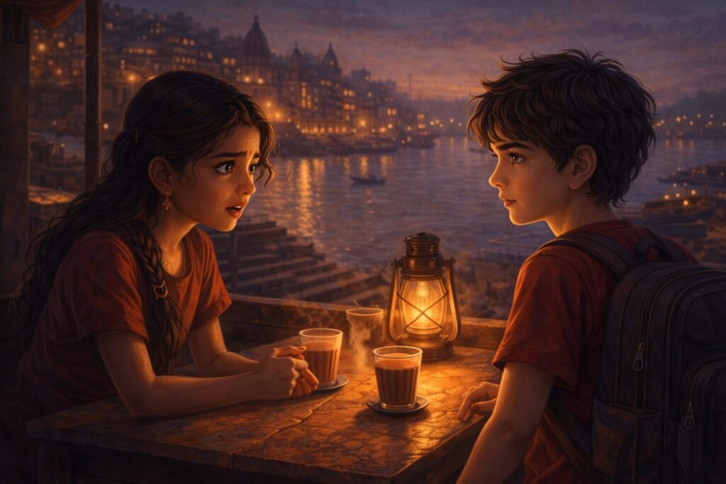 Magic of Banaras illustration of Arjun and Meera talking secretly at a tea stall by the river in Banaras at dusk.