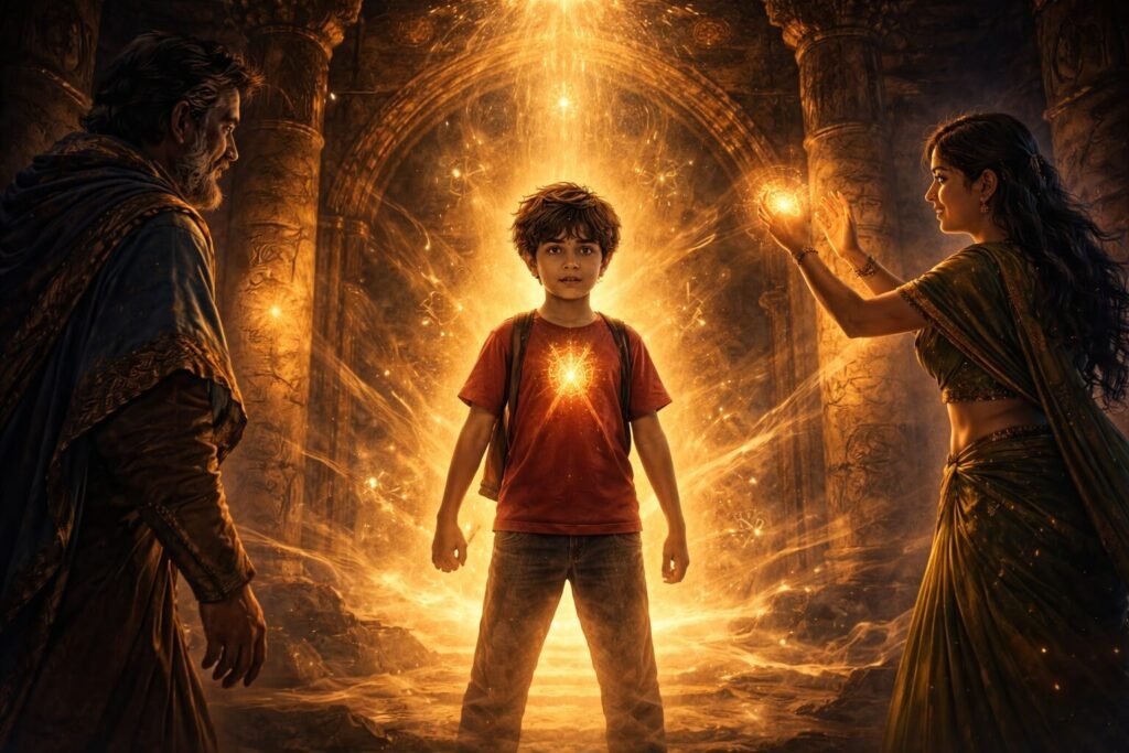 Magic of Banaras illustration of Arjun standing in golden light as guardians awaken his true power inside an ancient chamber.