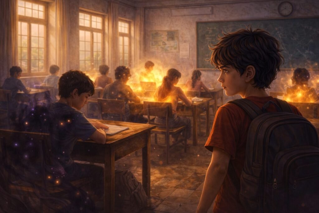 Magic of Banaras illustration of Arjun noticing dark and glowing auras around students inside an Indian classroom.